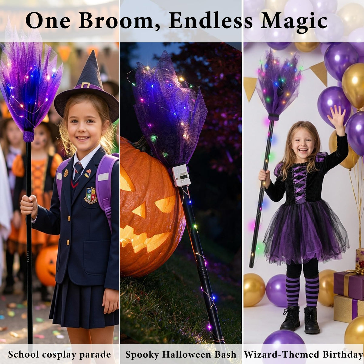Light Up Witch Broom Halloween Prop Lighted Purple Tulle Broomstick for Kid