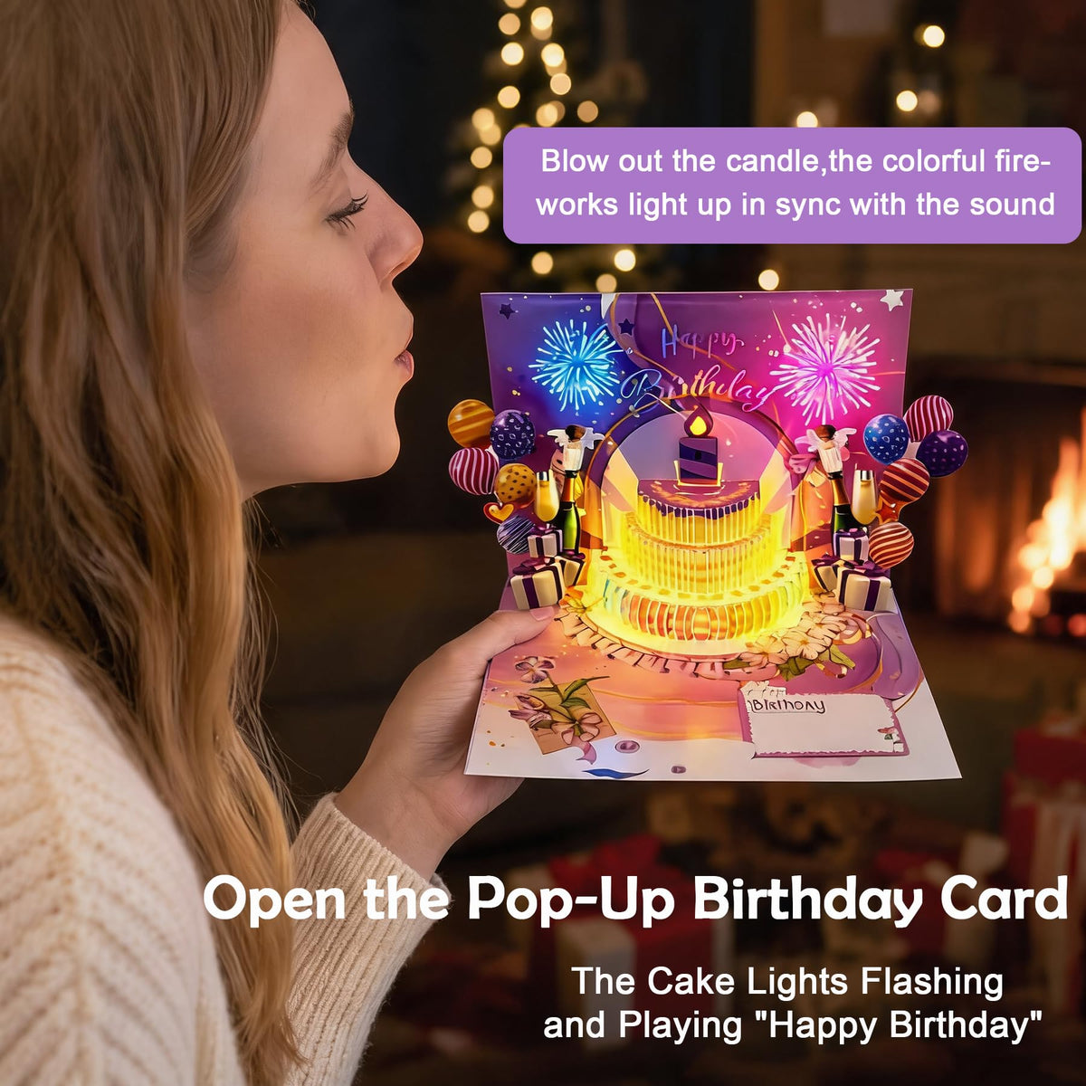 3D Pop Up Blowable Musical Happy Birthday Card with Firework Sound Lights and Envelope, Interactive Purple Musical Birthday Card, Customizable Age Numbers 0-9 for Milestone Birthday Gift for Her Him