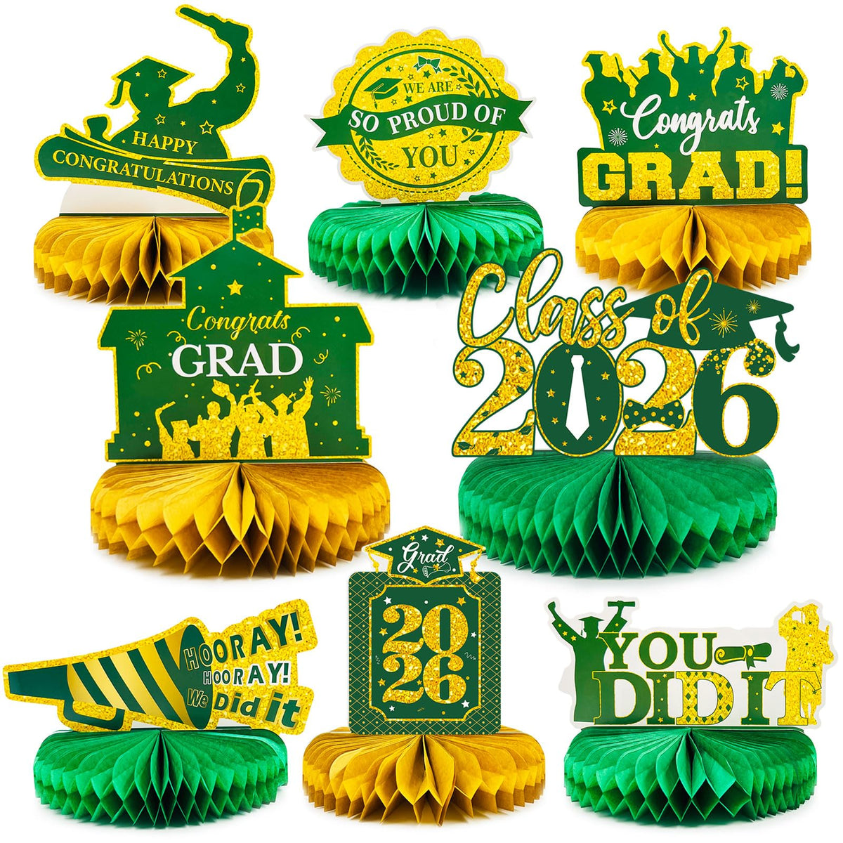 8 Pcs Green and Gold Graduation Honeycomb Centerpieces 2026 - Class of 2026 Graduation Decorations for Tables - Congrats Grad Table Toppers, Paper Centerpieces for High School College Party Supplies