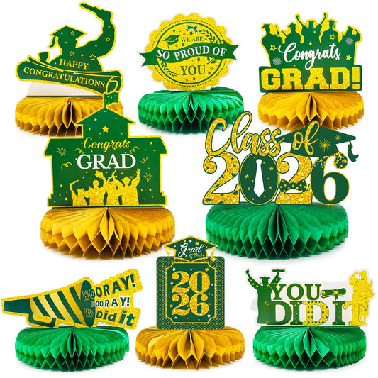 8 Pcs Green and Gold Graduation Honeycomb Centerpieces 2026 - Class of 2026 Graduation Decorations for Tables - Congrats Grad Table Toppers, Paper Centerpieces for High School College Party Supplies