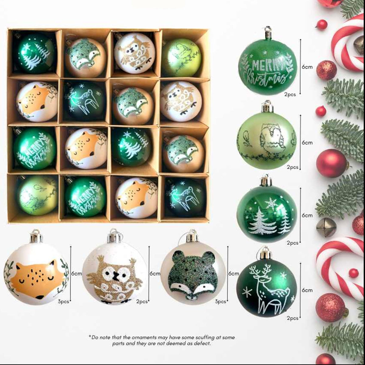 16Ct Green Christmas Ball Assorted Ornaments with Gift Boxes - 2.4" Glittery Christmas Tree Shatterproof Green Ball Decoration with Forest Theme Animals - Fox, Reindeer, Bear, Owl