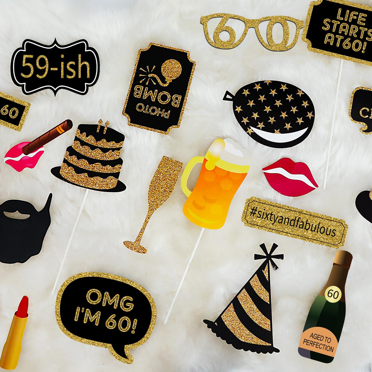 60th Birthday Photo Booth Props - 41 Pcs Black and Gold 60 Birthday Party Decorations for Men Women, Funny Birthday Photo Props with Sticks, Milestone Birthday Party Supplies, Cheers to 60 Years