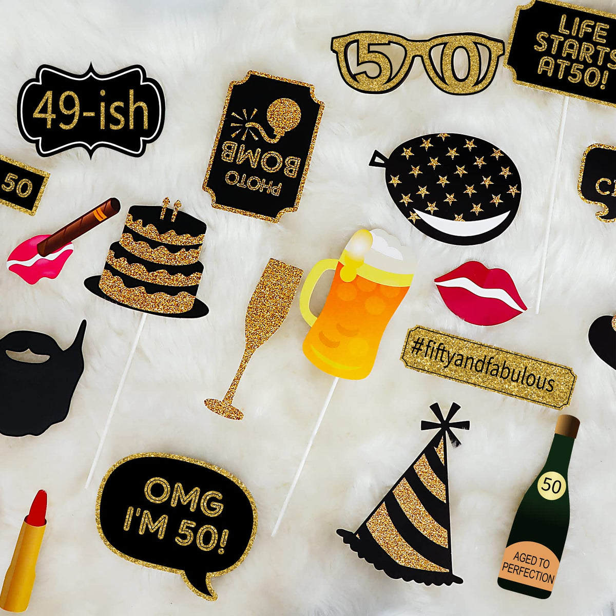 50th Birthday Photo Booth Props - 41 Pcs Black and Gold Funny Birthday Party Decorations for Men & Women, Fifty and Fabulous Anniversary Party Supplies,50th Printed Gold Glitter Selfie Props Kit