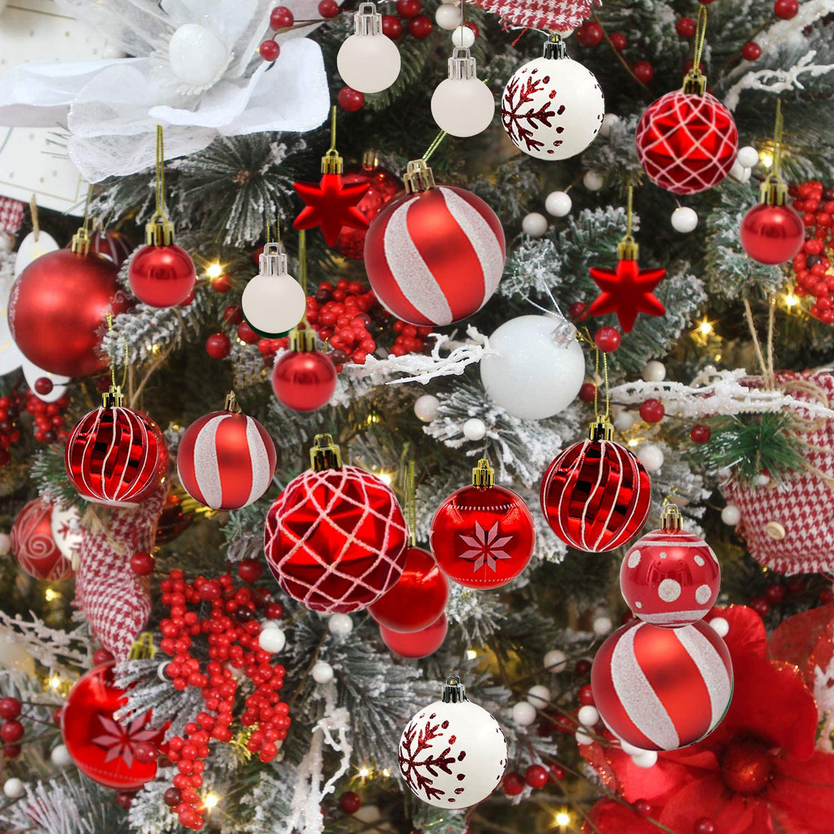 46Ct Red White Christmas Tree Ball Assorted Ornaments Pendants, 2.4" Christmas Shatterproof Shine Ball Decoration for Christmas Tree Holiday