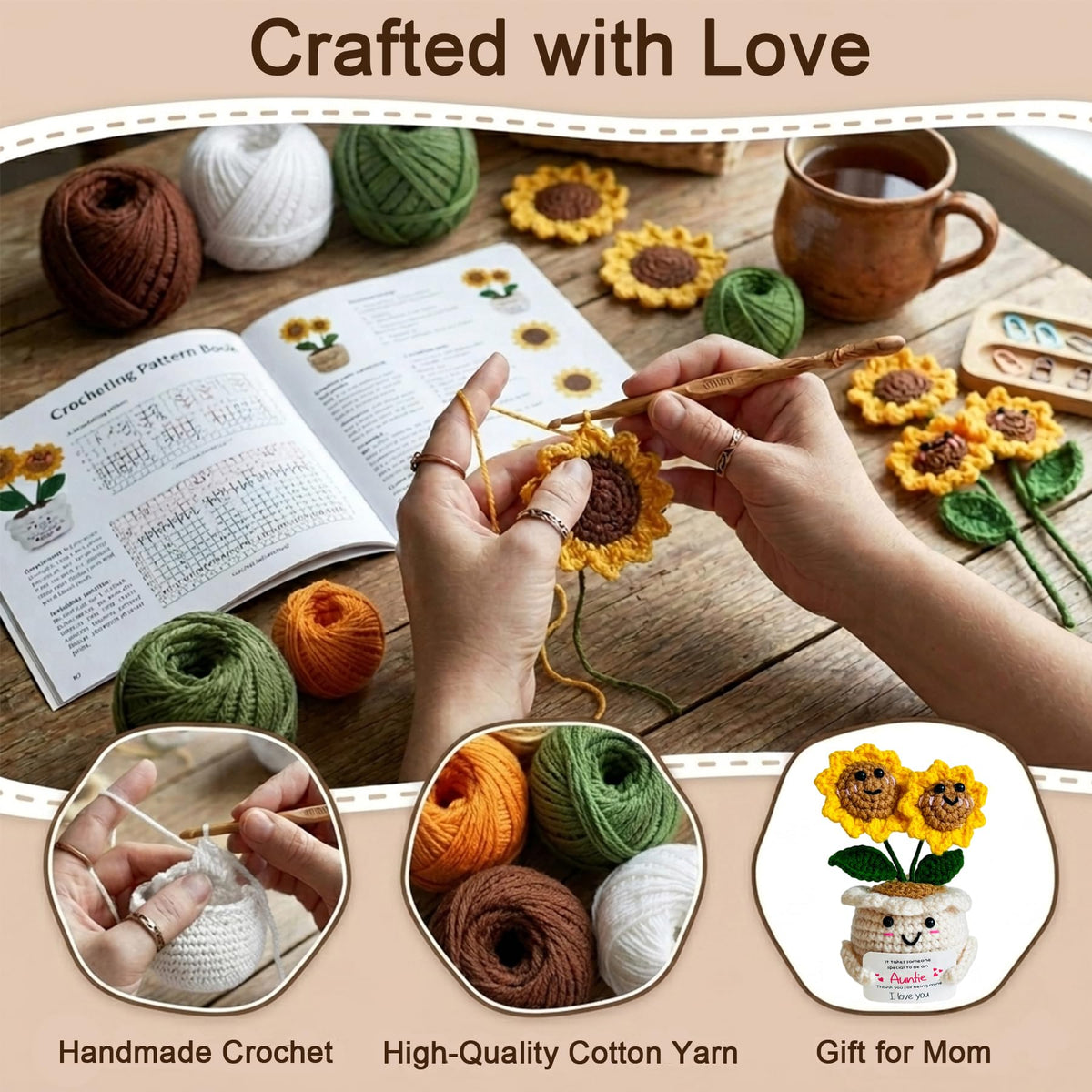 Handmade Emotional Support Crochet Sunflower, Cute Amigurumi Flower Decor with Appreciation Card, Sentimental Gifts for Auntie from Niece or Nephew, Birthday Mother's Day Thank You Gift for Aunt