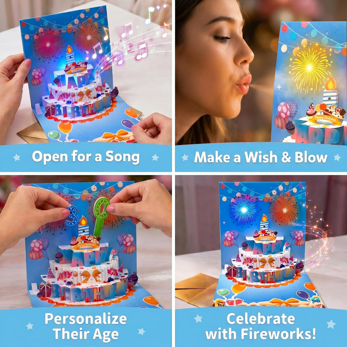 3D Pop Up Musical Birthday Card with Blow-Out Candle & Flashing LED Fireworks Lights, Interactive Light Up Happy Birthday Card with DIY 0-9 Age Numbers & Envelope, 7x7 Inch Large Greeting Card