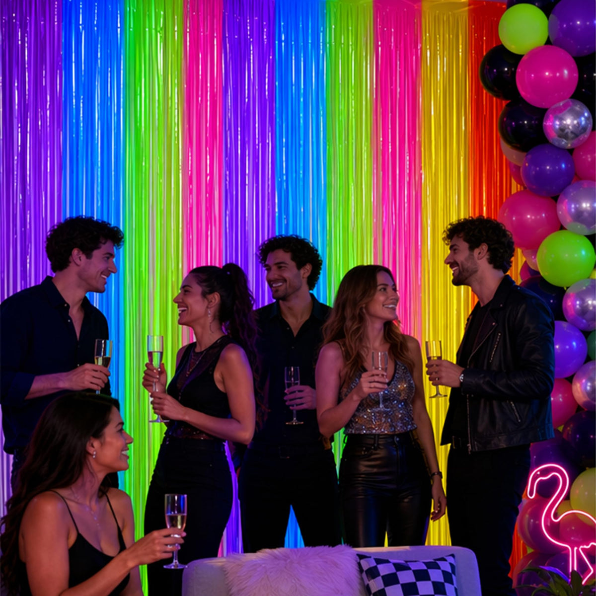 4 Pack Glow Party Decorations Neon Rainbow Foil Fringe Curtain Backdrop