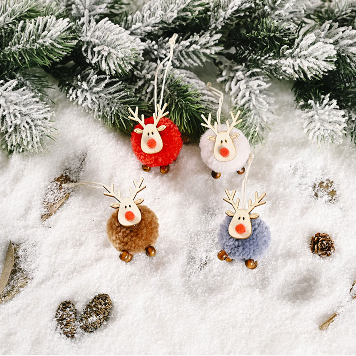 Christmas Ornaments 8Pcs Wool Reindeer Plush Elk Hanging Ornaments, Christmas Tree Deer Slices Pendants, Holiday Wooden Hanging Decorations for Xmas Party Indoor/Outdoor