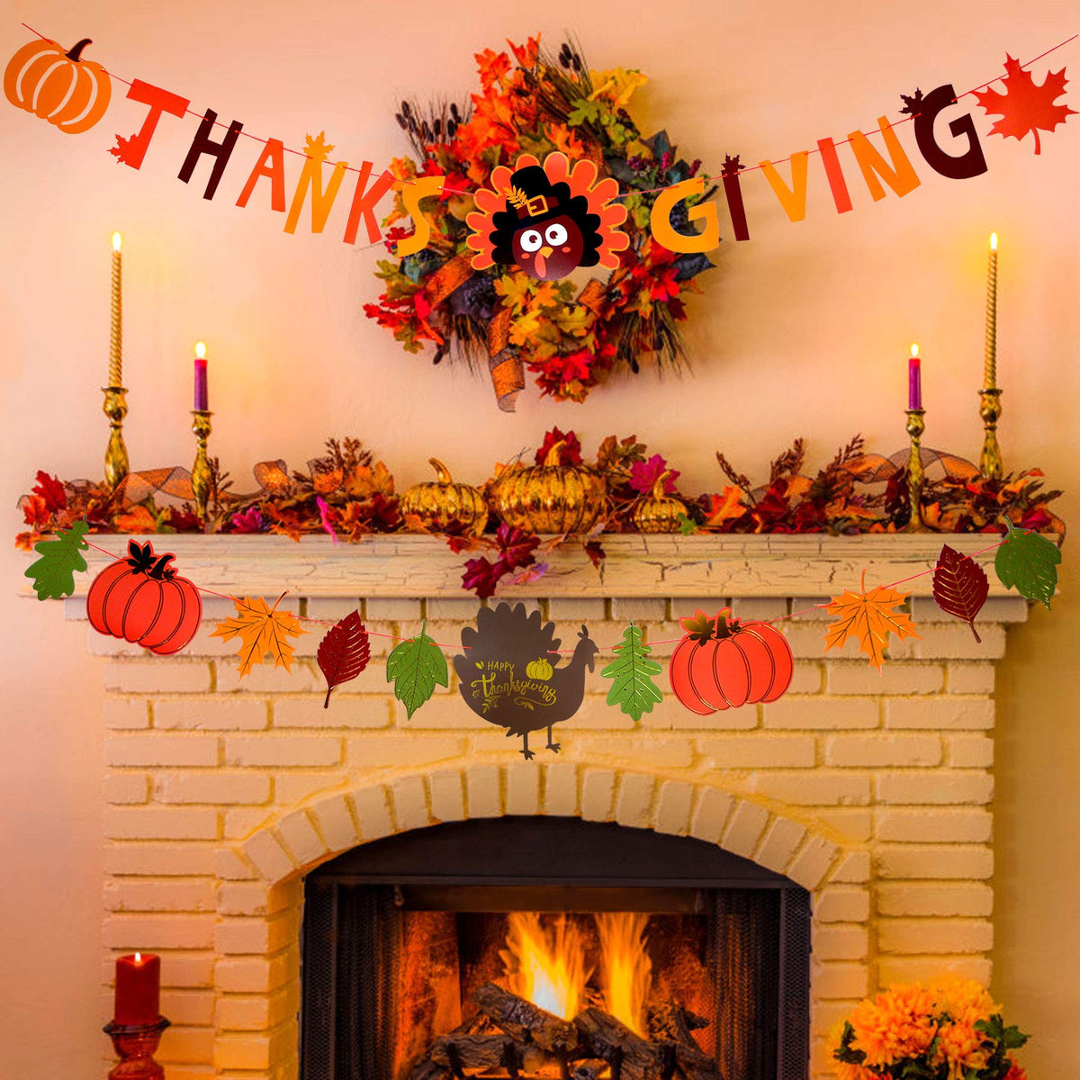 Thanks Giving Banners(Pre-Assembled)Fall Maple Leaves Pumpkins Turkeys Banner for Thanksgiving Day, Happy Thanksgiving Fall Party Sign Banner Garland Decoration for Mantle Dinner Table Fireplace