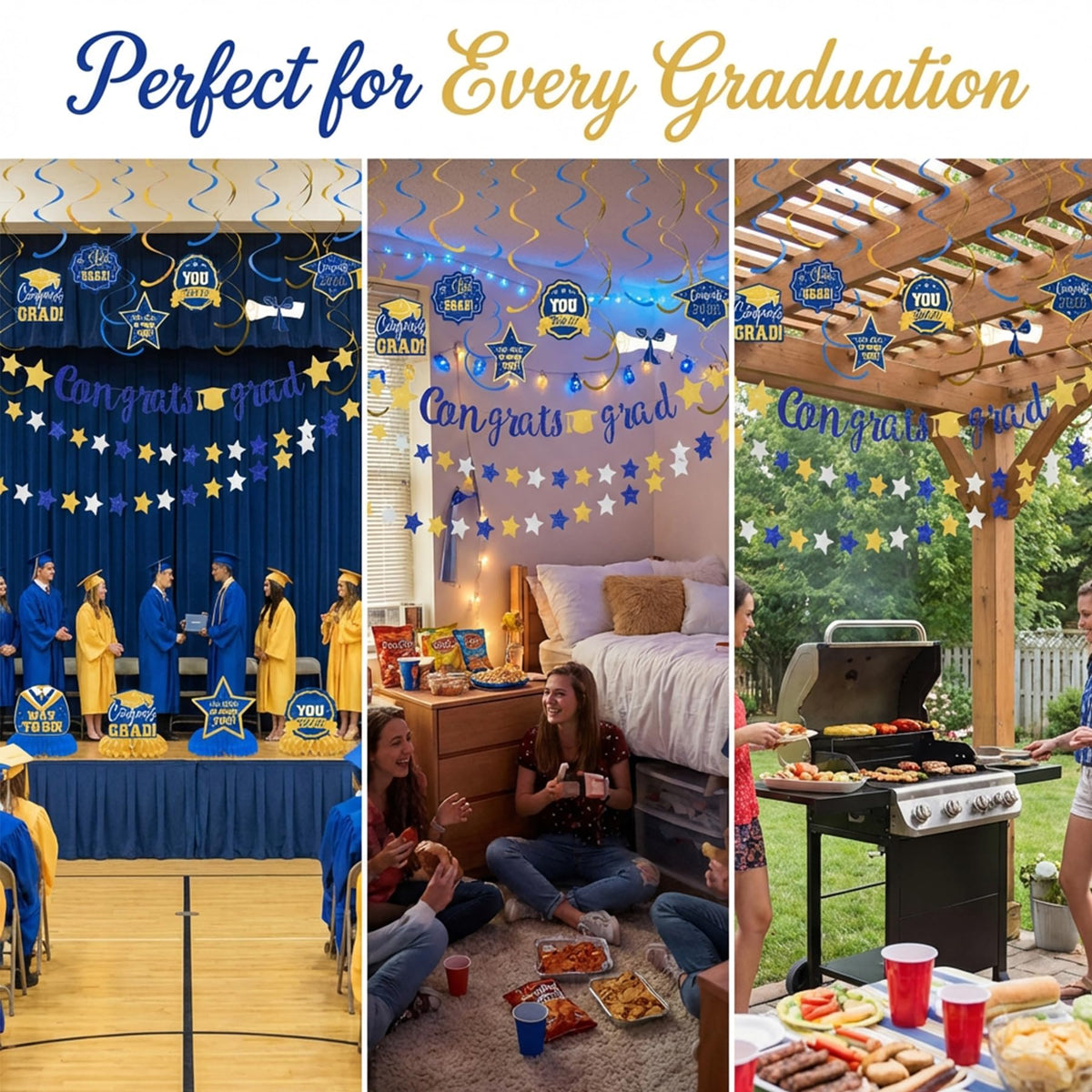 Graduation Party Decorations 2026, Blue and Gold Glitter Congrats Grad Pre-Strung Banner & Star Garlands, 24PCS Class of 2026 Hanging Swirls & Honeycomb Centerpieces for High School/College Grad Decor