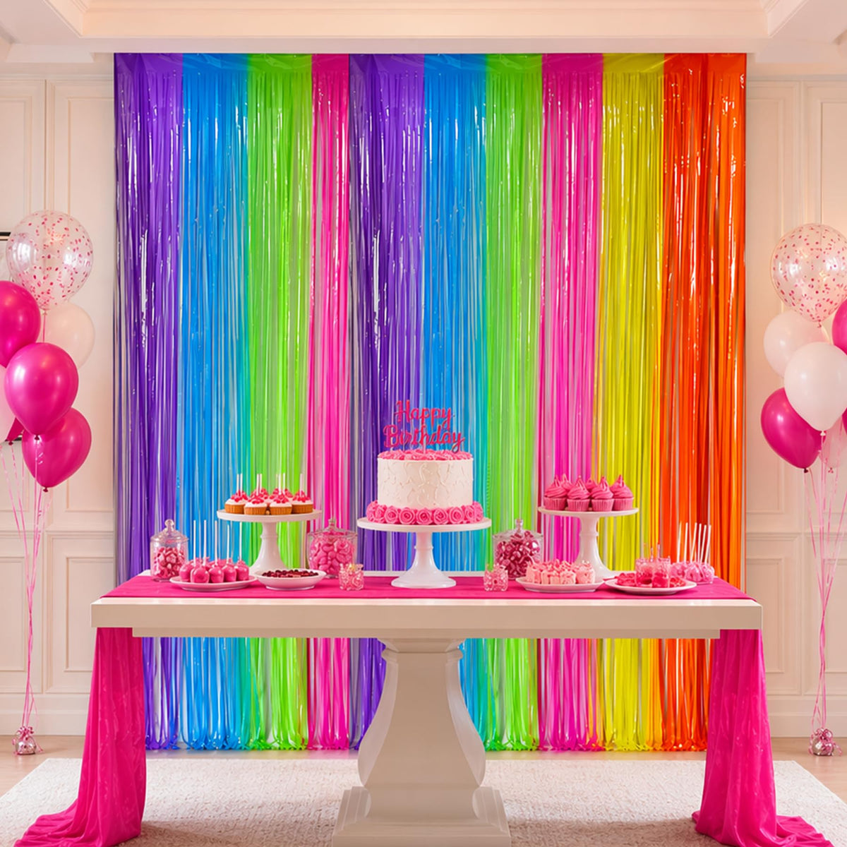 4 Pack Glow Party Decorations Neon Rainbow Foil Fringe Curtain Backdrop