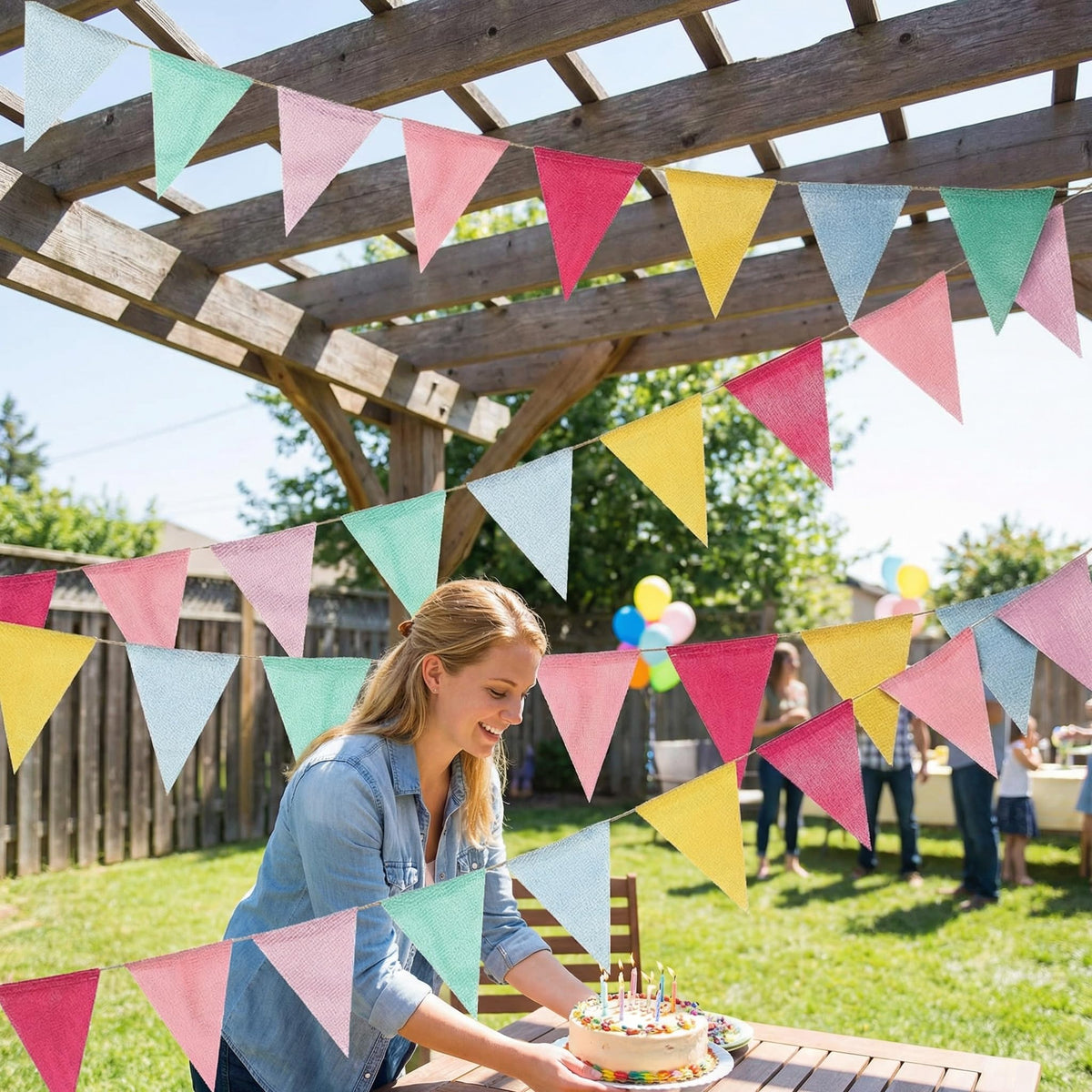 32.8ft Colorful Triangle Bunting Banner - 48Pcs Colorful Pennant Banner Flags (6 Colors), Pastel Linen Pennants for Birthday Easter, Nursery Room, Classroom,School, Carniva,lWedding,Garden Decor
