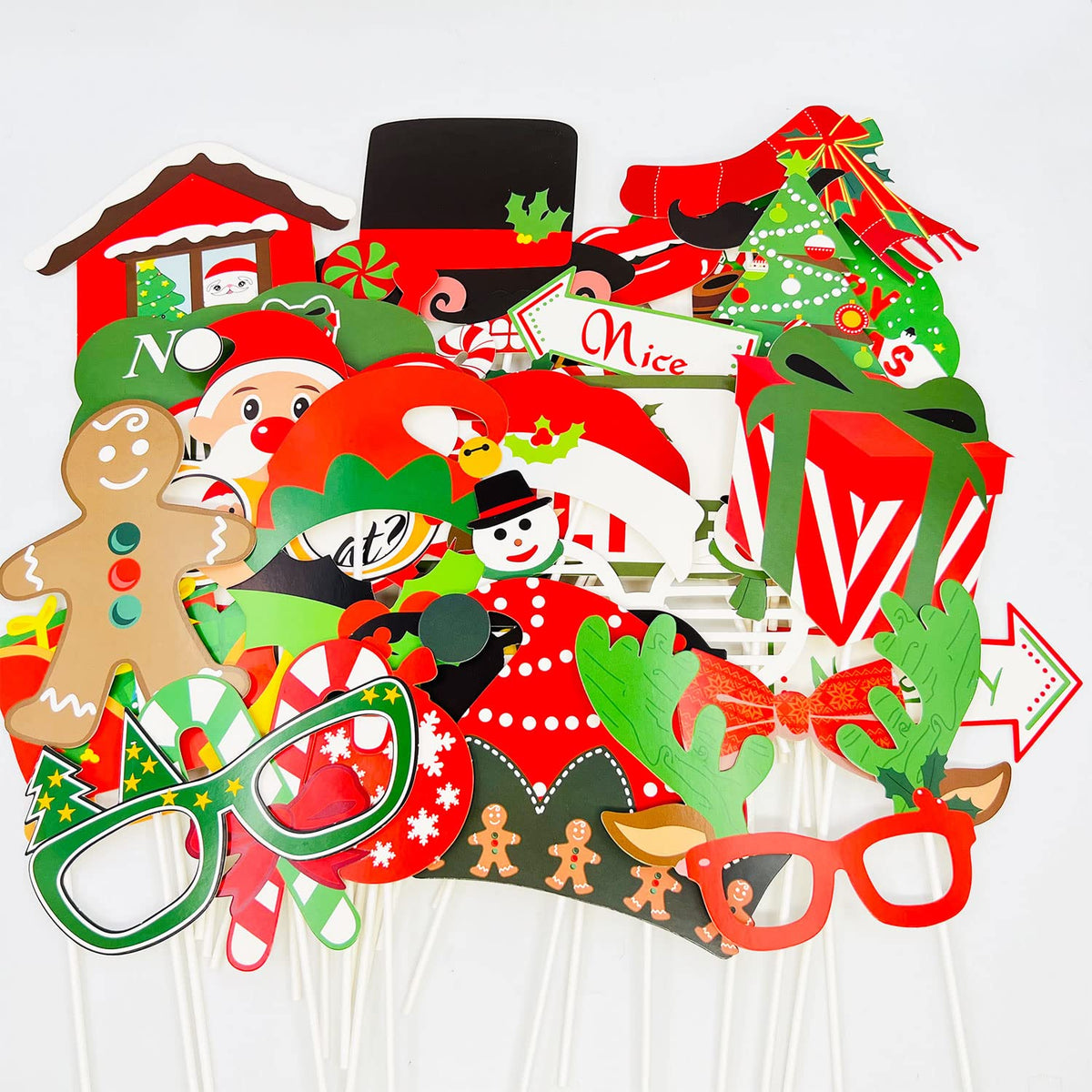 Christmas Photo Booth Props 36Pcs（Upgraded Version, Merry Christmas Party Pose Sign, Red and Green Xmas Party Supplies Decorations