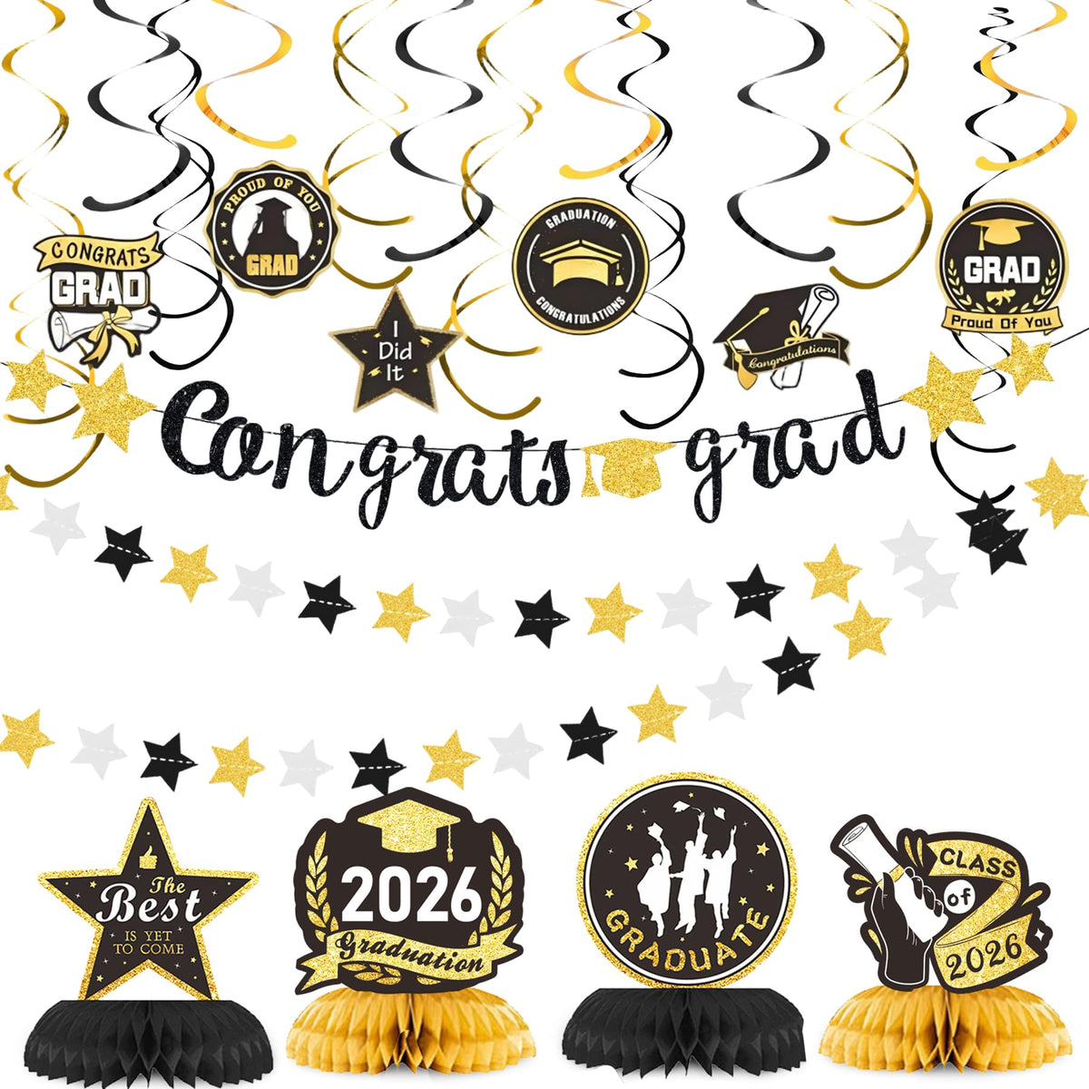 2026 Graduation Decorations,Congrats Grad Banner (Assembled) Gradutaion Centerpieces Grad Swirls with Black Gold Silver Star Garland, Class of 2026 Party Decorations,High School College