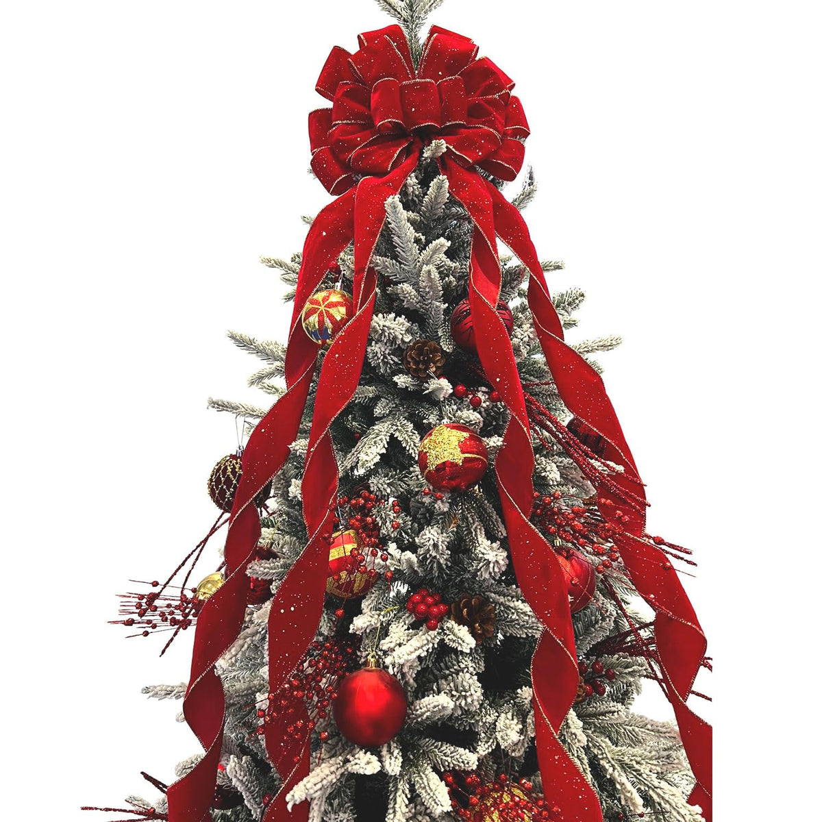 Christmas Jumbo Bows Gift Boxed, 52inches by 12 Inches Gold Wired Red Velvet Bows with Gold Confetti and Four Long Tails for Wreath Floral, Christmas Tree Topper, Outside Bowknot