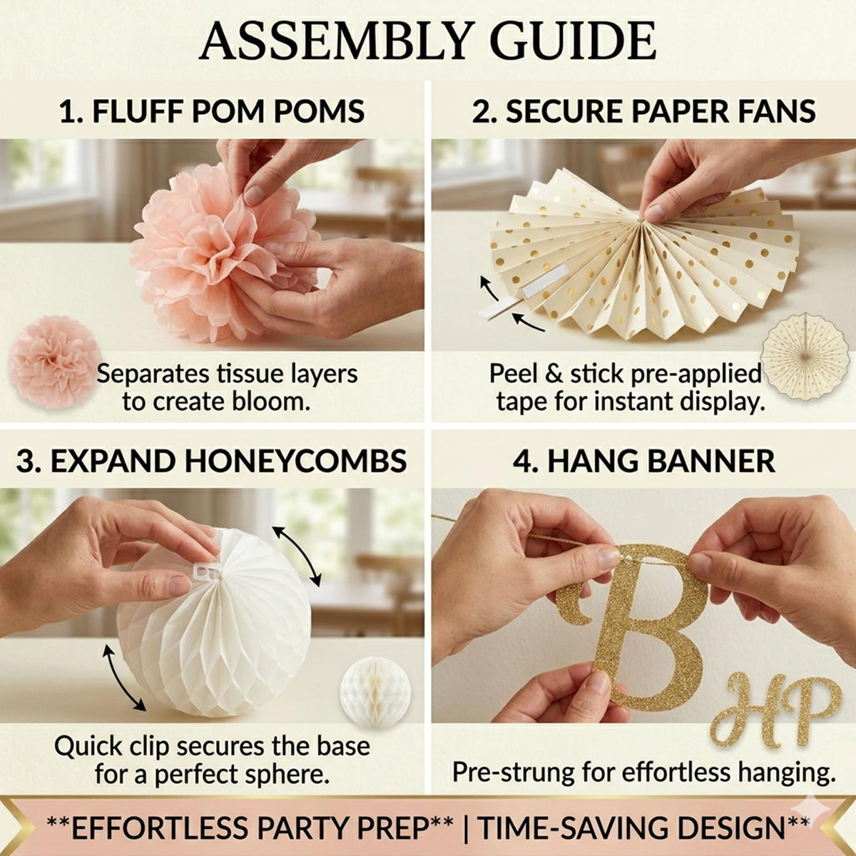 Champagne-Gold Birthday Party Decorations Kit-26 Piece- Glittery Banner,Peach and Cream Yellow Color Scheme Paper Decorations, Birthday Party Supplies for Women Girls Neutral Boho Birthday Party Decor