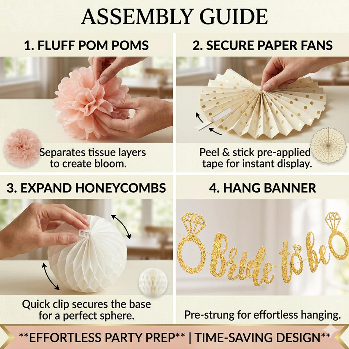 Champagne-Gold Bride to Be Decorations Kit - 26Pcs Elegant Dusty Pink Gold and Khaki Party Supplies with Pre-Strung Glittery Banner for Boho Bridal Shower, Engagement & Bachelorette Party
