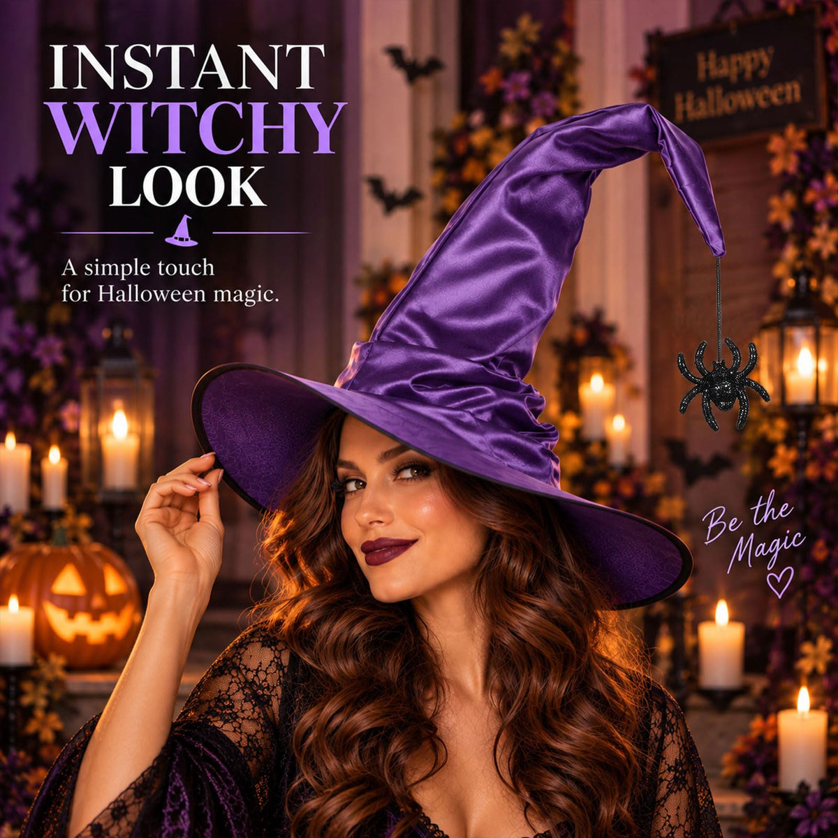 Purple Witch Hat for Adults with Spider, Satin Halloween Costume Hat