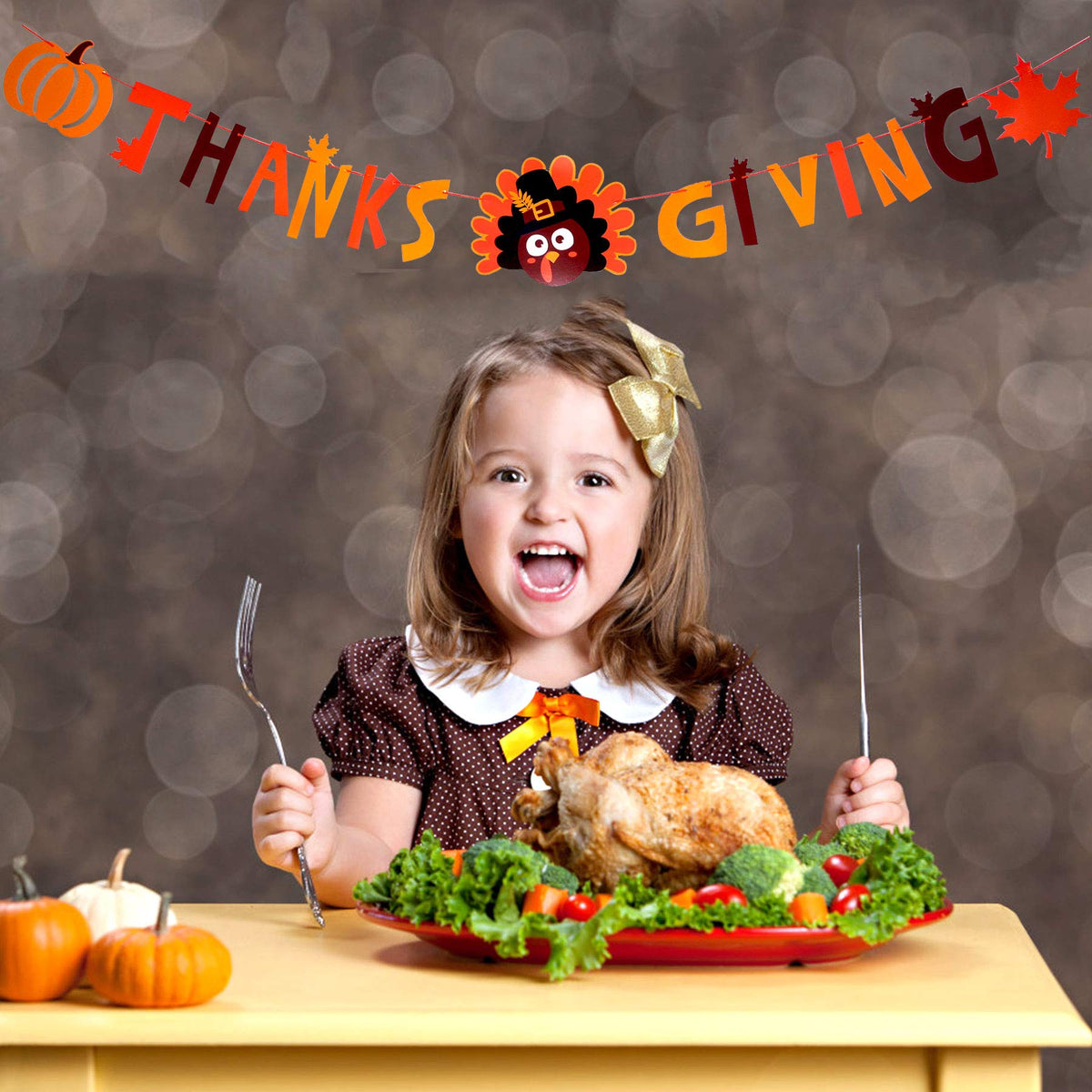 Thanks Giving Banners(Pre-Assembled)Fall Maple Leaves Pumpkins Turkeys Banner for Thanksgiving Day, Happy Thanksgiving Fall Party Sign Banner Garland Decoration for Mantle Dinner Table Fireplace