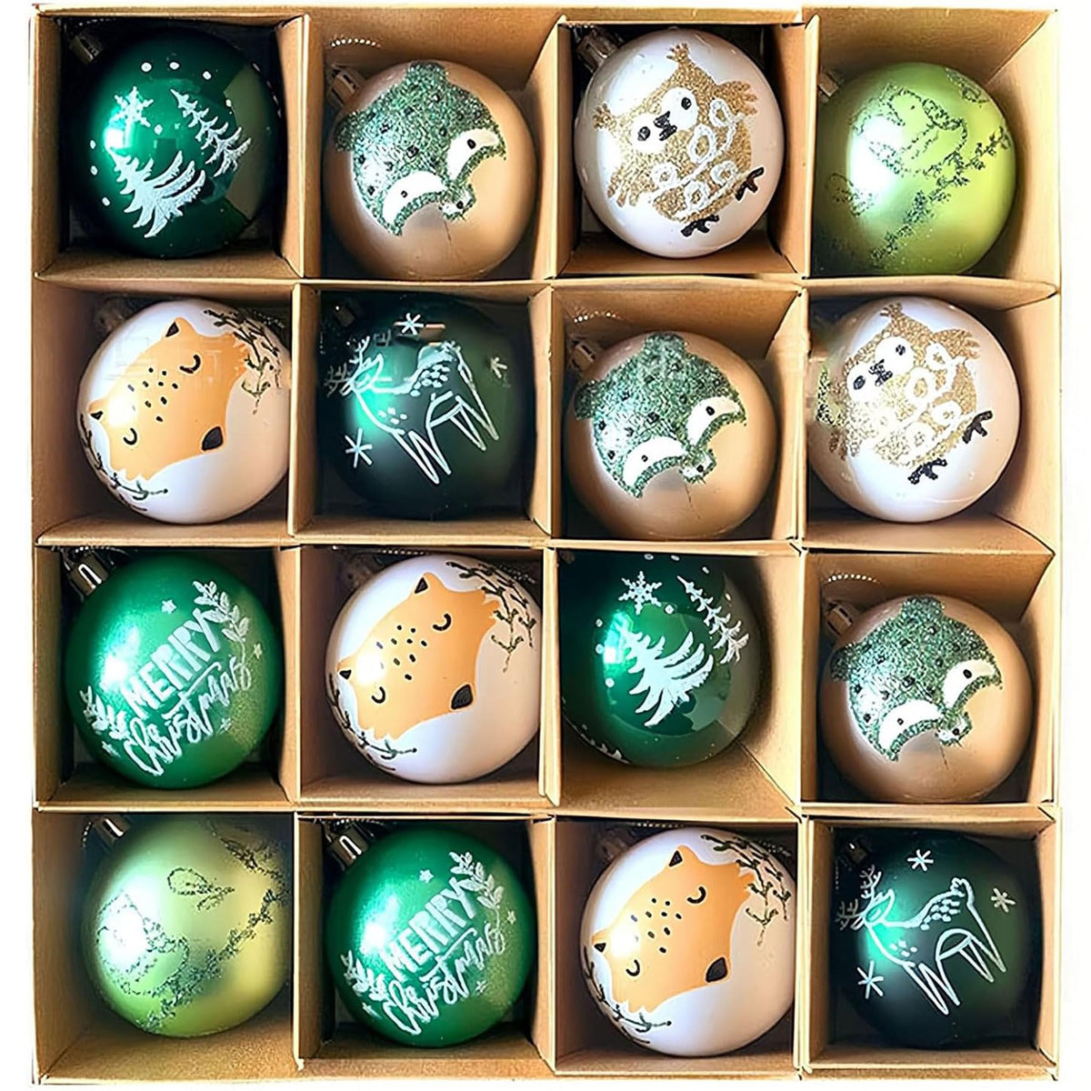 16Ct Green Christmas Ball Assorted Ornaments with Gift Boxes - 2.4" Glittery Christmas Tree Shatterproof Green Ball Decoration with Forest Theme Animals - Fox, Reindeer, Bear, Owl