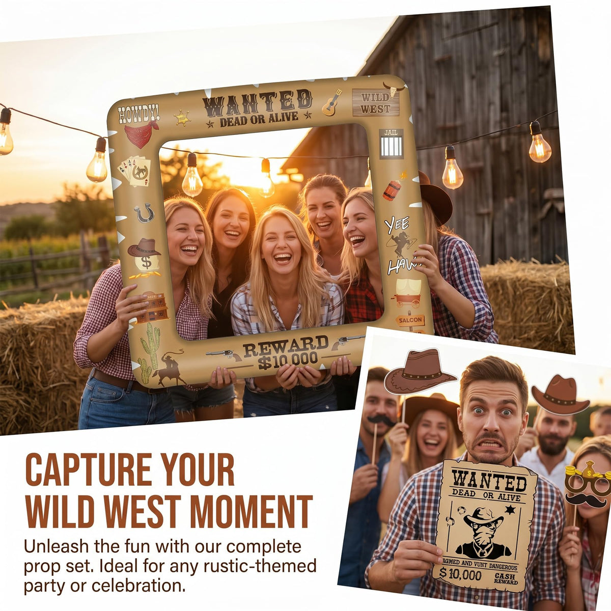 Western Cowboy Photo Booth Props 16 Pcs with Inflatable Selfie Frame, Wild West Party Decorations, Cowgirl Wanted Sign Picture Frame with Sticks for Rodeo Birthday Baby Shower Country Party
