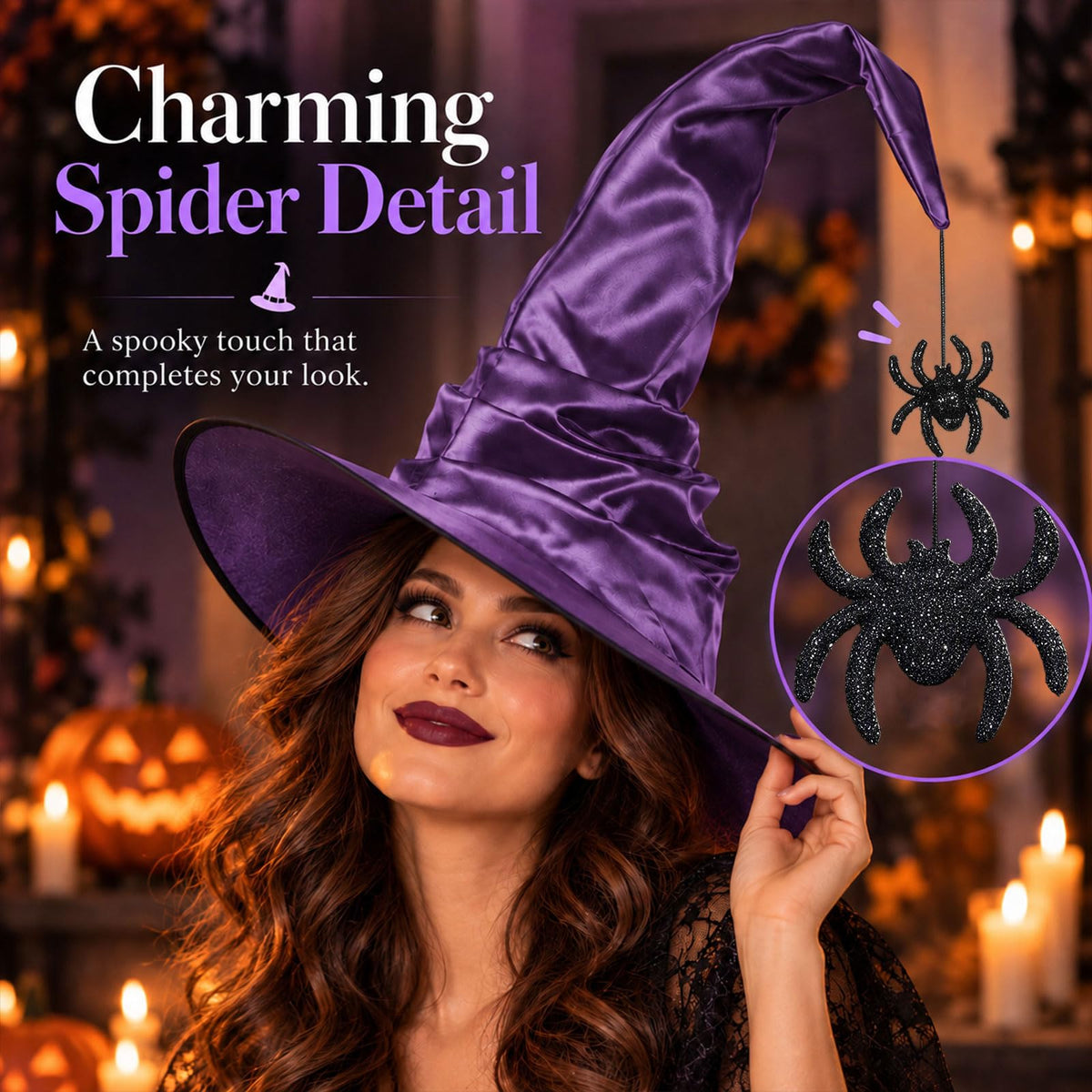 Purple Witch Hat for Adults with Spider, Satin Halloween Costume Hat