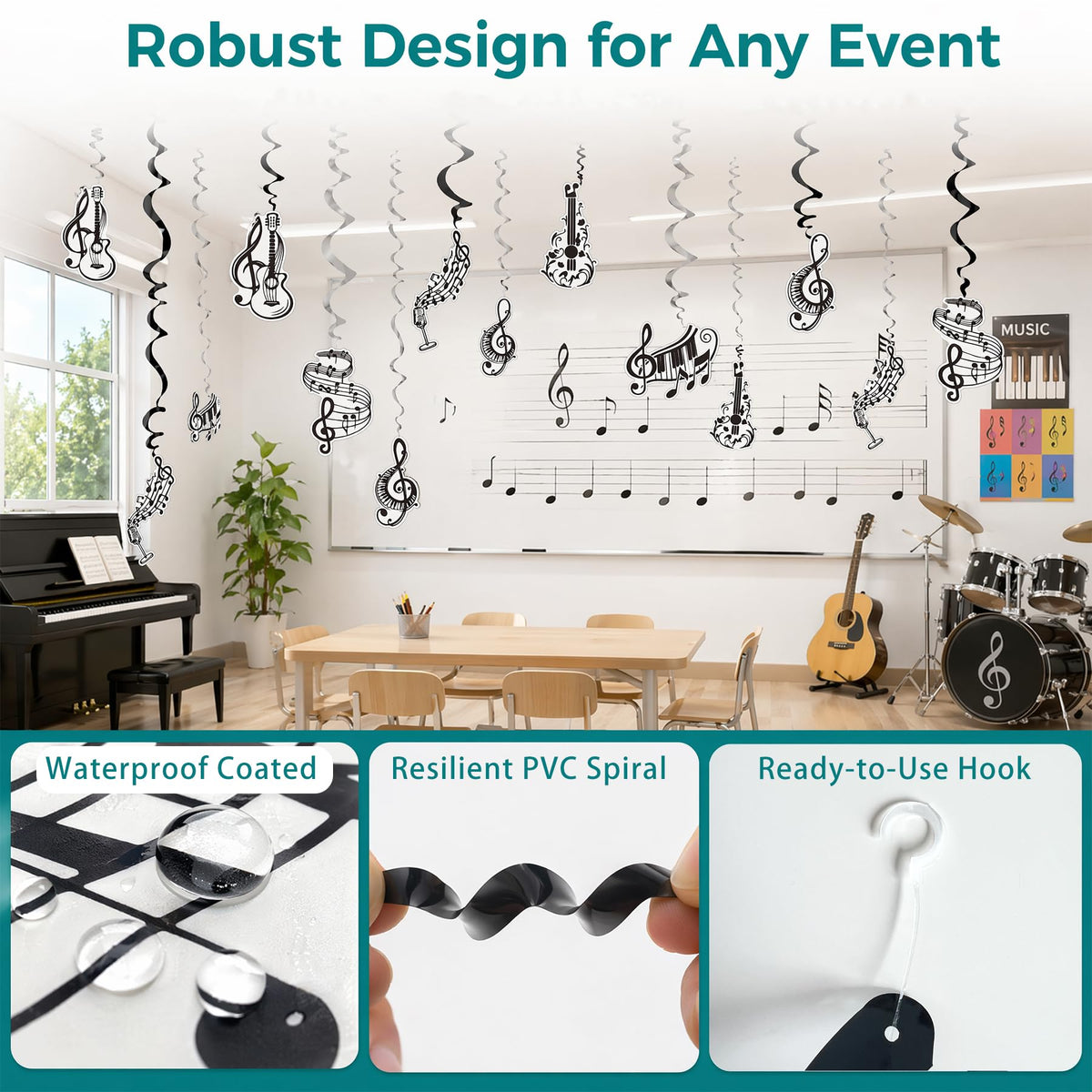 Music Party Decorations Hanging Swirls 18Pcs, Musical Note and Instrument Ceiling Streamers for Music Birthday Party, Piano Recital, Classroom Decor, 18-Pack Reusable Music Themed Hanging Ornaments