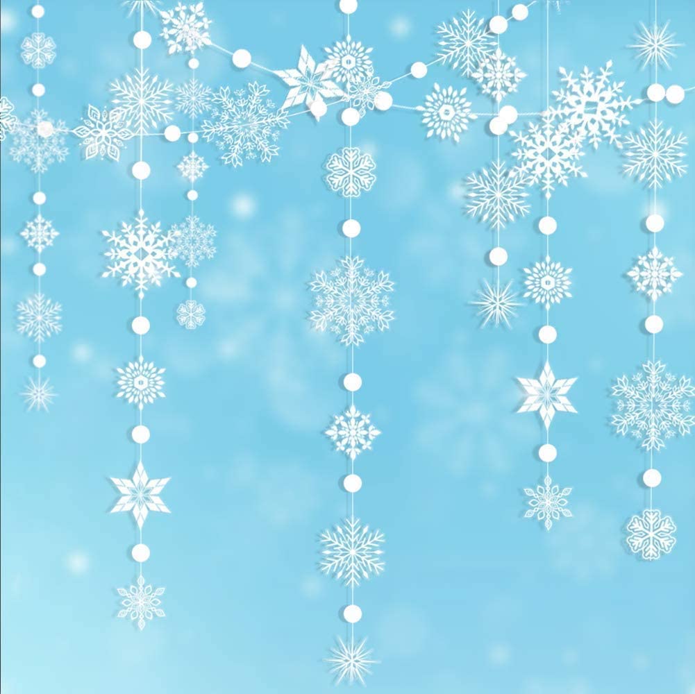 Transparent White Large Snowflake Garland Streamers for Frozen Birthday Baby Shower Party, Winter Wonderland White Snowflake Banner kit Hanging Snow Flakes for Christmas New Year Party Decoration