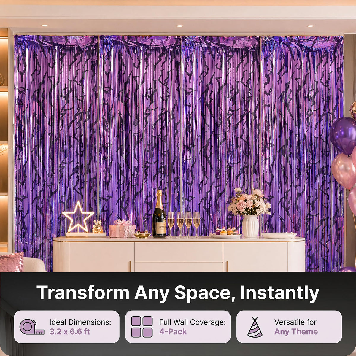 4 Pack Metallic Purple Party Backdrop Foil Fringe Curtain (39" x 79")