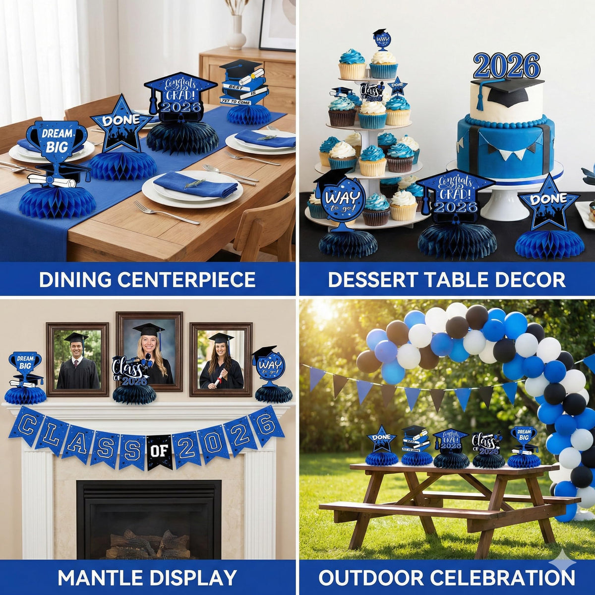 9 Pcs Graduation Honeycomb Centerpieces 2026 - Royal Blue and Black Class of 2026 Graduation Party Decorations for Tables, Blue Congrats Grad Table Toppers, 2026 Grad Supplies for College High School