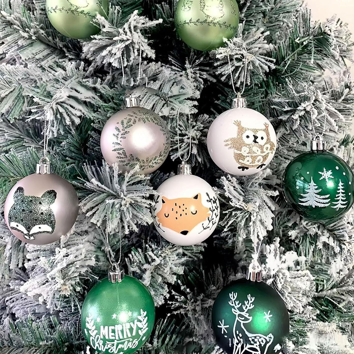 16Ct Green Christmas Ball Assorted Ornaments with Gift Boxes - 2.4" Glittery Christmas Tree Shatterproof Green Ball Decoration with Forest Theme Animals - Fox, Reindeer, Bear, Owl