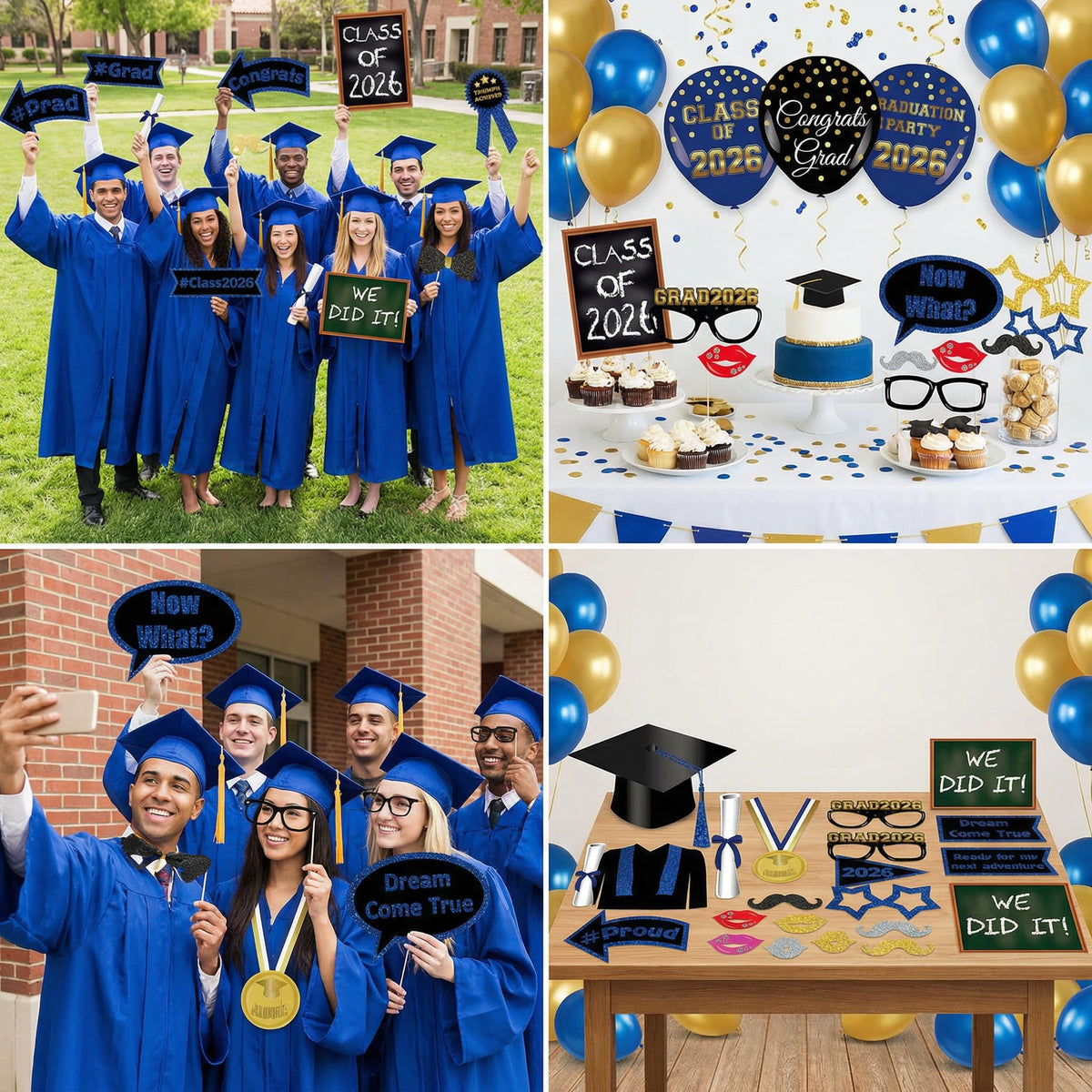 Class of 2026 Graduation Photo Booth Props Set - 35PCS Blue and Gold Graduation Party Decorations with Paper Sticks & Double-Sided Tape, Perfect for 2026 Congrat Grad Party Supplies
