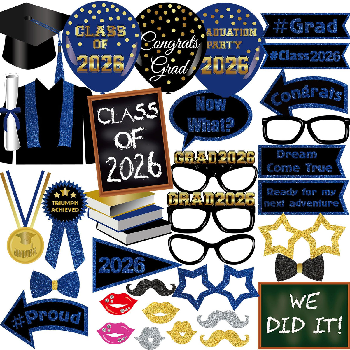 Class of 2026 Graduation Photo Booth Props Set - 35PCS Blue and Gold Graduation Party Decorations with Paper Sticks & Double-Sided Tape, Perfect for 2026 Congrat Grad Party Supplies