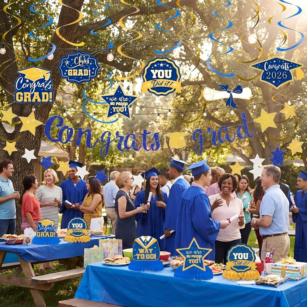 Graduation Party Decorations 2026, Blue and Gold Glitter Congrats Grad Pre-Strung Banner & Star Garlands, 24PCS Class of 2026 Hanging Swirls & Honeycomb Centerpieces for High School/College Grad Decor