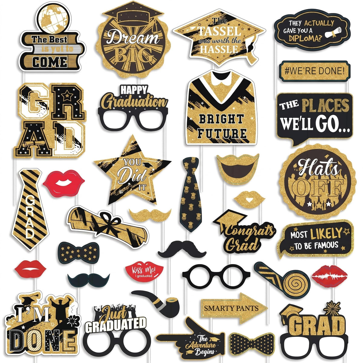 Graduation Photo Booth Props, Black and Gold Graduation Decorations for Graduate Party Supplies, Class of 2026 Large Grad Party Pose Sign-35Pcs
