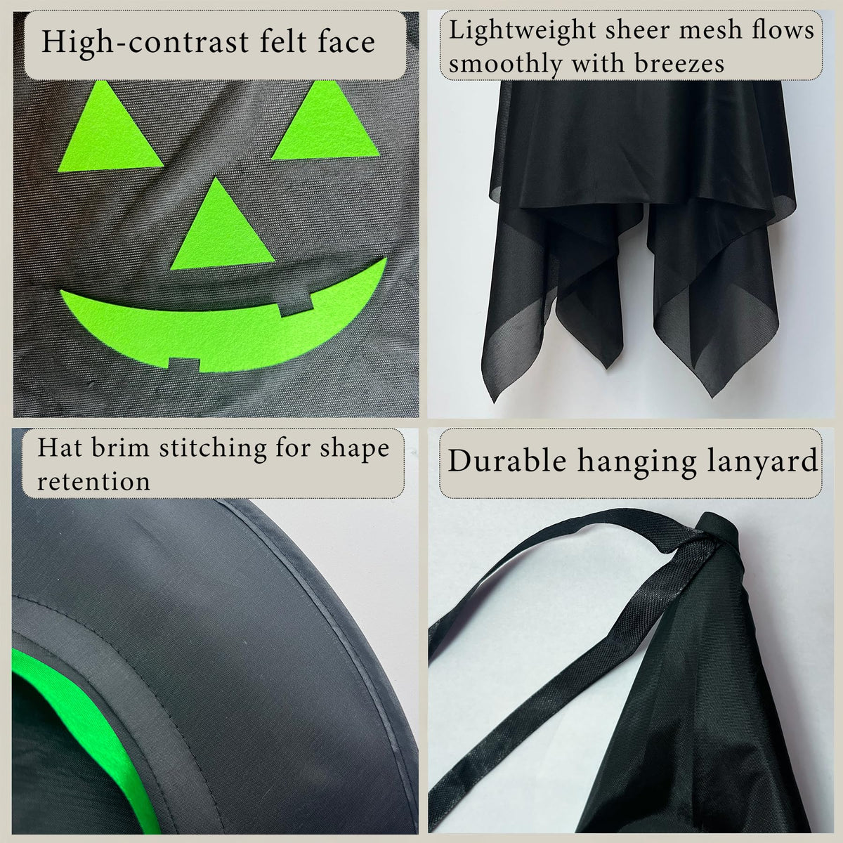 2 Pack Halloween Hanging Floating Witch Hats with Ghost Veil 15" x 38"