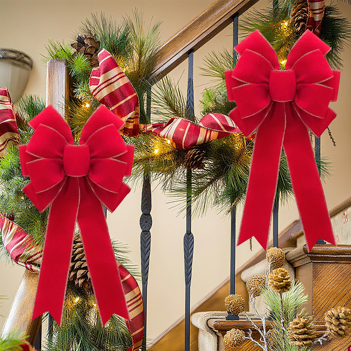 2pcs 20-Inch Velvet Red Bows for Christmas Tree, Handmade Christmas Bow Tree Topper-Gold Wire-Fluffy Sturdy Shape-Retaining, Gift Boxed & Ready-to-Use for Wreath Floral Fireplace Outdoor Car Garden