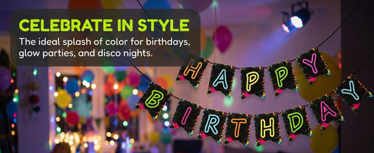 Glow Party Happy Birthday Banner Decoration（Already Assembled）, 80s Birthday Banner Let's Glow Party Decorations, Glow in the Dark Party Supplies, Neon Party Birthday Decorations