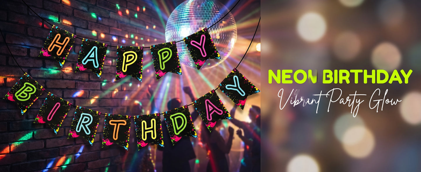 Glow Party Happy Birthday Banner Decoration（Already Assembled）, 80s Birthday Banner Let's Glow Party Decorations, Glow in the Dark Party Supplies, Neon Party Birthday Decorations