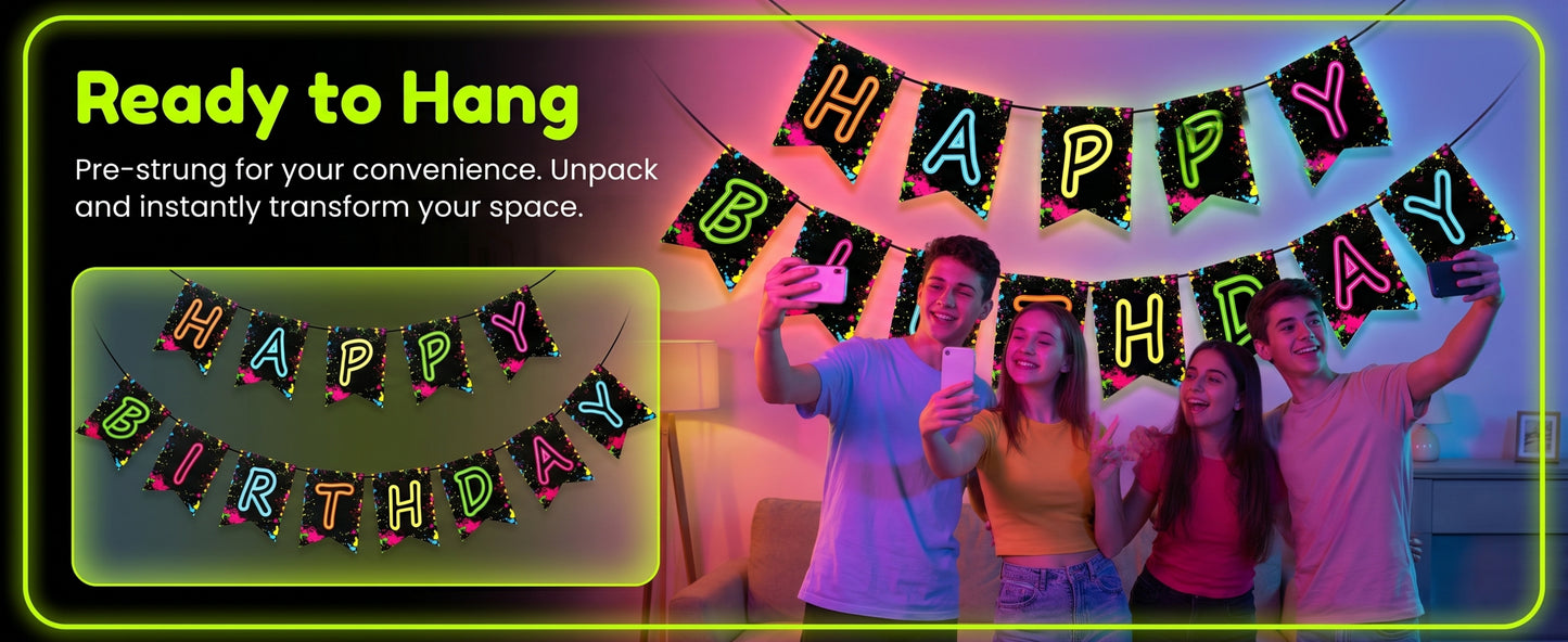 Glow Party Happy Birthday Banner Decoration（Already Assembled）, 80s Birthday Banner Let's Glow Party Decorations, Glow in the Dark Party Supplies, Neon Party Birthday Decorations