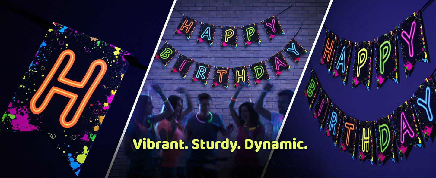 Glow Party Happy Birthday Banner Decoration（Already Assembled）, 80s Birthday Banner Let's Glow Party Decorations, Glow in the Dark Party Supplies, Neon Party Birthday Decorations
