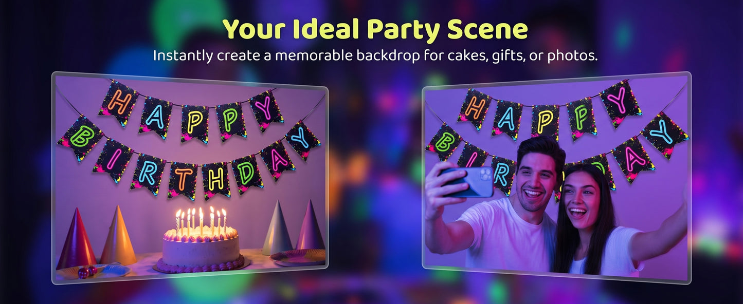 Glow Party Happy Birthday Banner Decoration（Already Assembled）, 80s Birthday Banner Let's Glow Party Decorations, Glow in the Dark Party Supplies, Neon Party Birthday Decorations