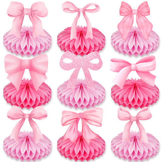 9 Pcs Pink Bow Honeycomb Centerpieces - Pink Party Table Decorations for Baby Shower, Birthday, Wedding, Bridal Shower Easy Assemble Paper Table Toppers