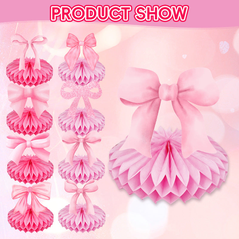 9 Pcs Pink Bow Honeycomb Centerpieces - Pink Party Table Decorations for Baby Shower, Birthday, Wedding, Bridal Shower Easy Assemble Paper Table Toppers